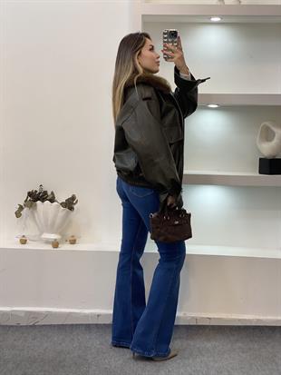 Haki Yeşil Premium Kürk Yaka Deri Ceket