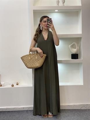 Haki Yeşil V Yaka Keten Elbise