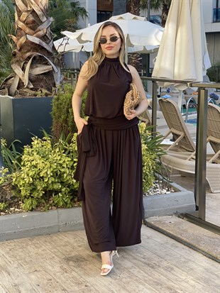 Kahve 3 lü Sandy Kumaş Likralı Takım