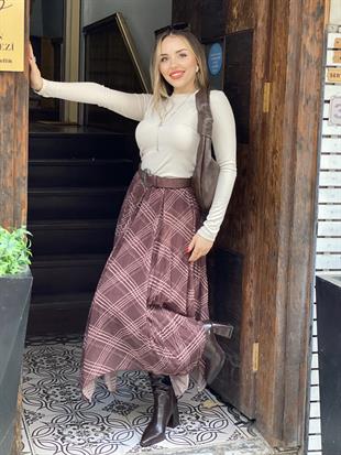 Kahve Asimetrik Kesim Etek