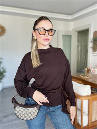 Kahve Asimetrik Kesim Modal Kumaş Bluz 