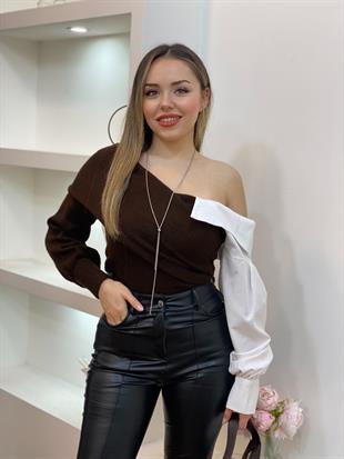 Kahve Asimetrik Poplin Yaka Kazak