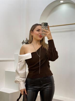 Kahve Asimetrik Poplin Yaka Kazak