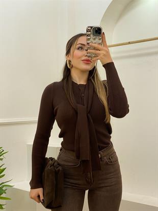 Kahve Atkı Detaylı Premium Elit Triko Hırka 