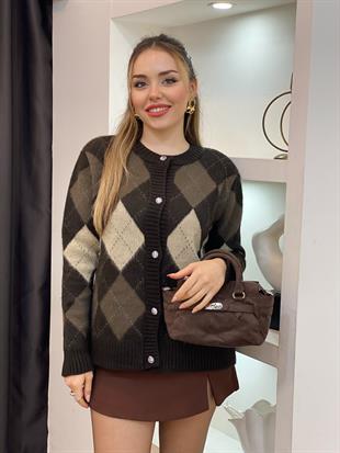 Kahve Baklava Desen Triko Hırka 