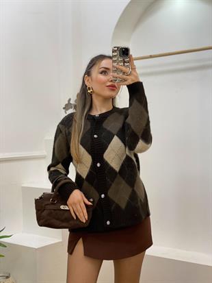 Kahve Baklava Desen Triko Hırka 