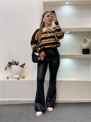 Kahve Bej Çizgili Triko Kazak