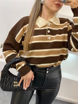 Kahve Bej Çizgili Triko Kazak