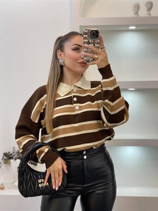 Kahve Bej Çizgili Triko Kazak