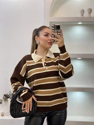 Kahve Bej Çizgili Triko Kazak