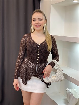 Kahve Bel Oturtmalı Model Volanlı Dantel Bluz