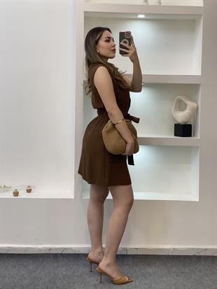Kahve Beli Kuşaklı Cepli Tensel Gömlek Elbise