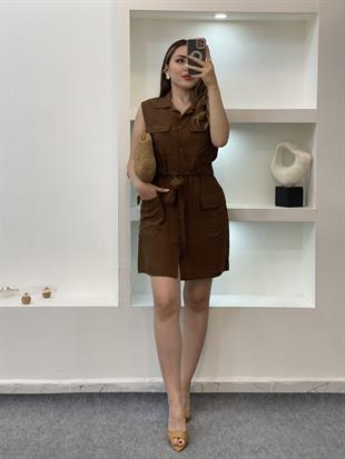 Kahve Beli Kuşaklı Cepli Tensel Gömlek Elbise