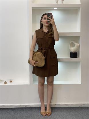 Kahve Beli Kuşaklı Cepli Tensel Gömlek Elbise