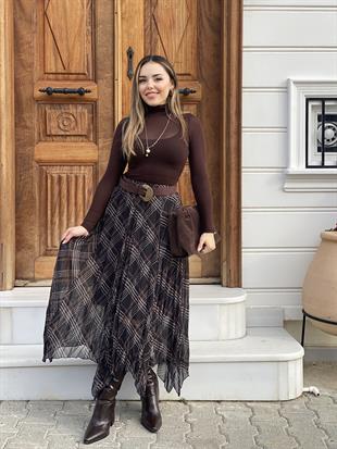 Kahve Boğazlı Yaka Transparan Bluz