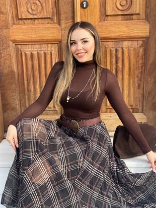 Kahve Boğazlı Yaka Transparan Bluz