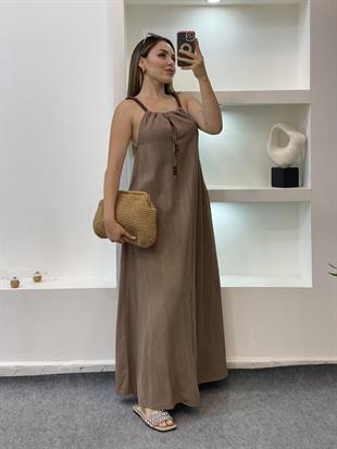 Kahve Boncuk Askılı Keten Elbise 