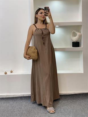 Kahve Boncuk Askılı Keten Elbise 