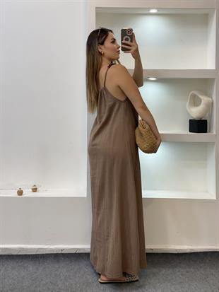 Kahve Boncuk Askılı Keten Elbise 