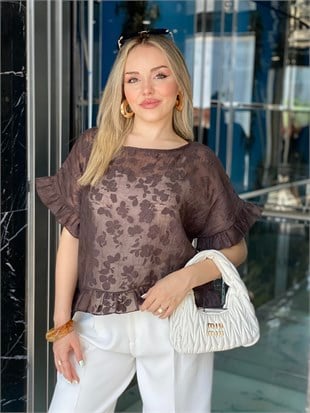 Kahve Çiçek Desen Kolları Volanlı Bluz