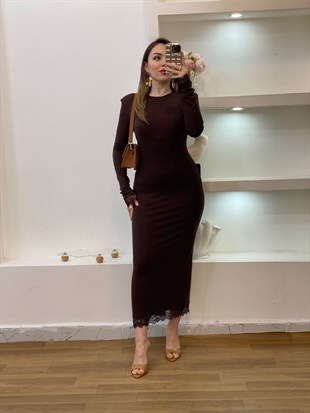 Kahve Dantel Detaylı Elbise
