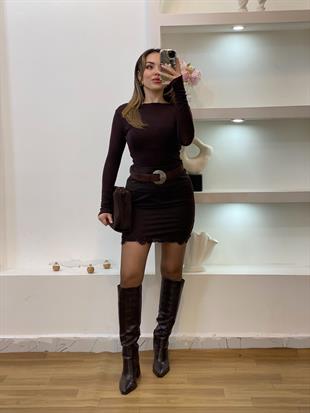 Kahve Dantel Detaylı Marka Etek