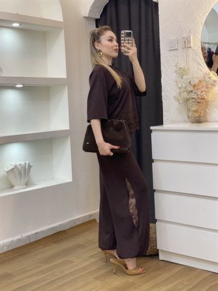 Kahve Dantel Detaylı Modal Takım