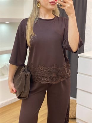 Kahve Dantel Detaylı Modal Takım
