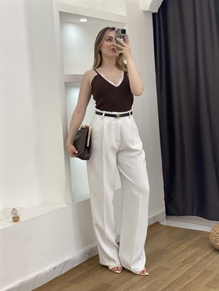 Kahve Dantel Yaka Ayarlanabilir Askılı Triko Bluz