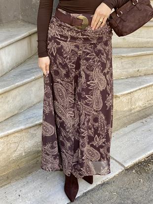 Kahve Desenli Beli Drapeli Etek