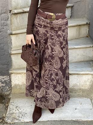 Kahve Desenli Beli Drapeli Etek
