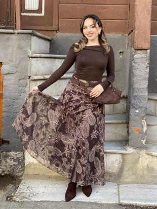 Kahve Desenli Beli Drapeli Etek