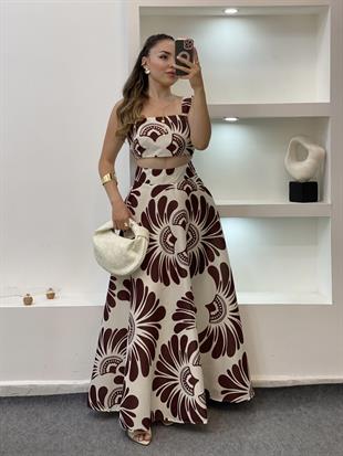 Kahve Desenli Premium Kalite Crop Bluz Etek Takım