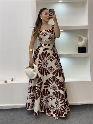 Kahve Desenli Premium Kalite Crop Bluz Etek Takım