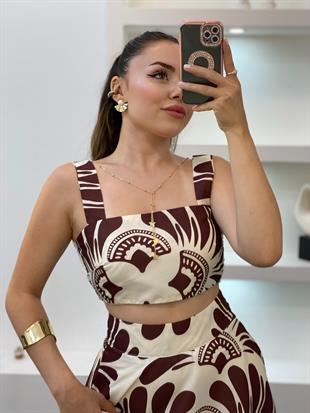 Kahve Desenli Premium Kalite Crop Bluz Etek Takım