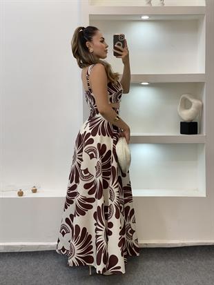 Kahve Desenli Premium Kalite Crop Bluz Etek Takım