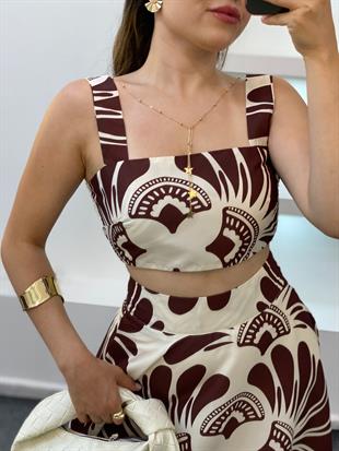 Kahve Desenli Premium Kalite Crop Bluz Etek Takım