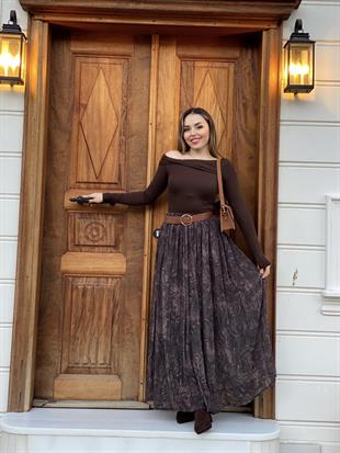 Kahve Desenli Şifon Etek