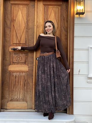 Kahve Desenli Şifon Etek