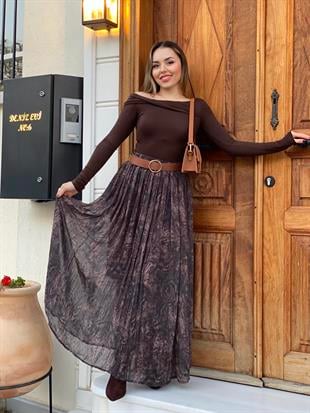 Kahve Desenli Şifon Etek