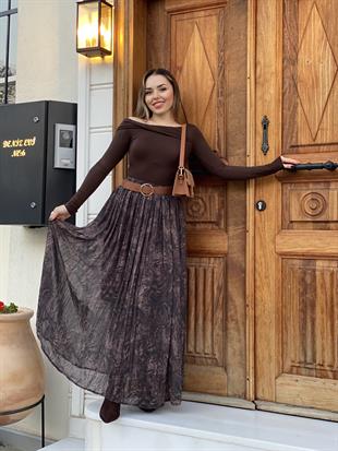 Kahve Desenli Şifon Etek