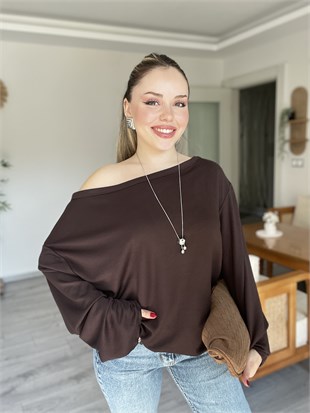 Kahve Düşük Omuz Oversize Modal Bluz