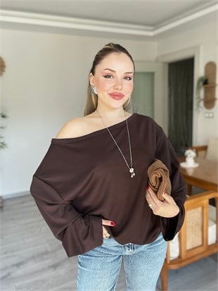 Kahve Düşük Omuz Oversize Modal Bluz