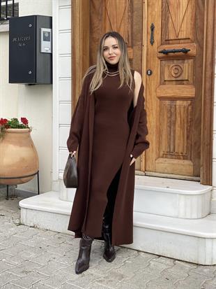 Kahve Elbise Hırka Triko Takım