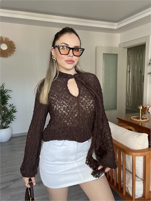 Kahve Fular Detaylı Dantel Bluz