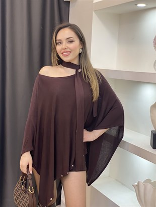 Kahve Fularlı Gümüş Droplu Triko Panço