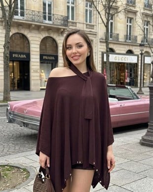 Kahve Fularlı Gümüş Droplu Triko Panço