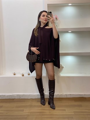 Kahve Fularlı Gümüş Droplu Triko Panço