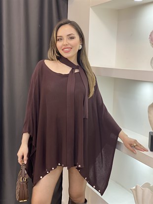 Kahve Fularlı Gümüş Droplu Triko Panço