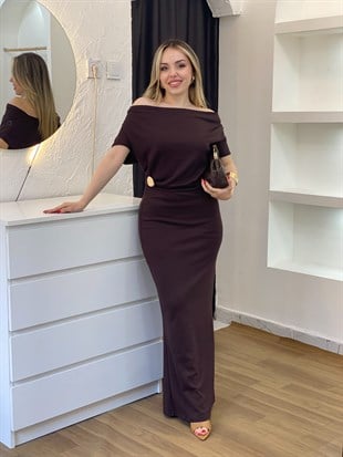 Kahve Gold Broşlu Modal Kumaş Likralı Elbise